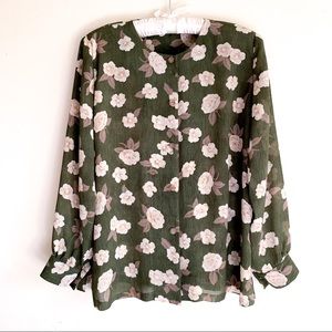 Olive Green Floral Button-Up Blouse